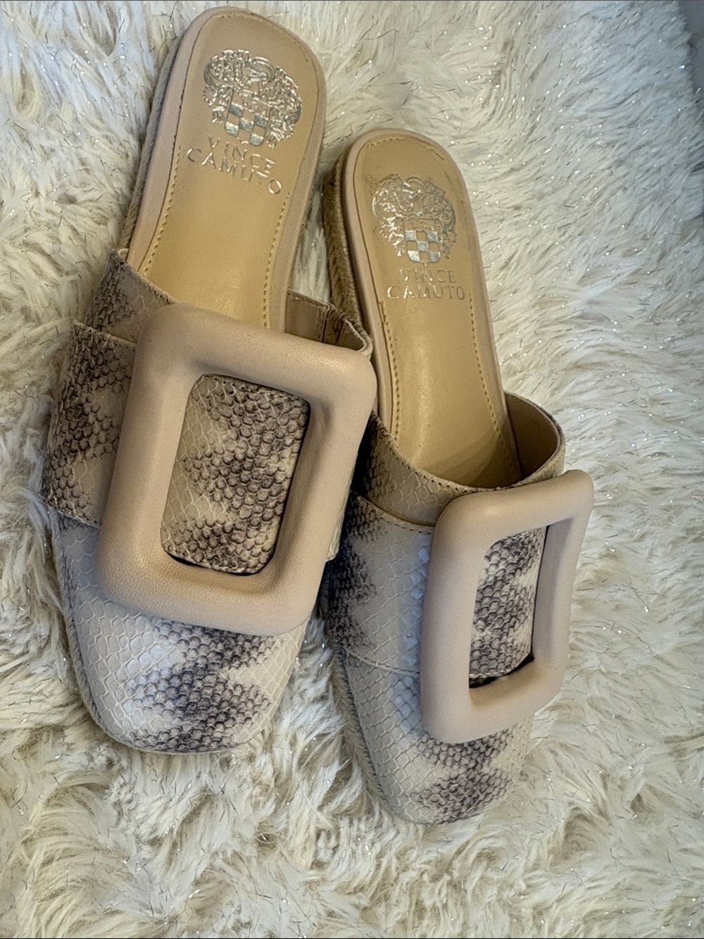 Vince Camuto Taupe Snake-Print Buckle Mules